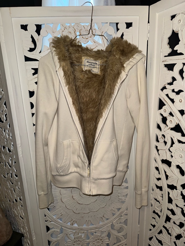 Abercrombie & Fitch Cream Hoodie Jacket With Faux Fur Lining